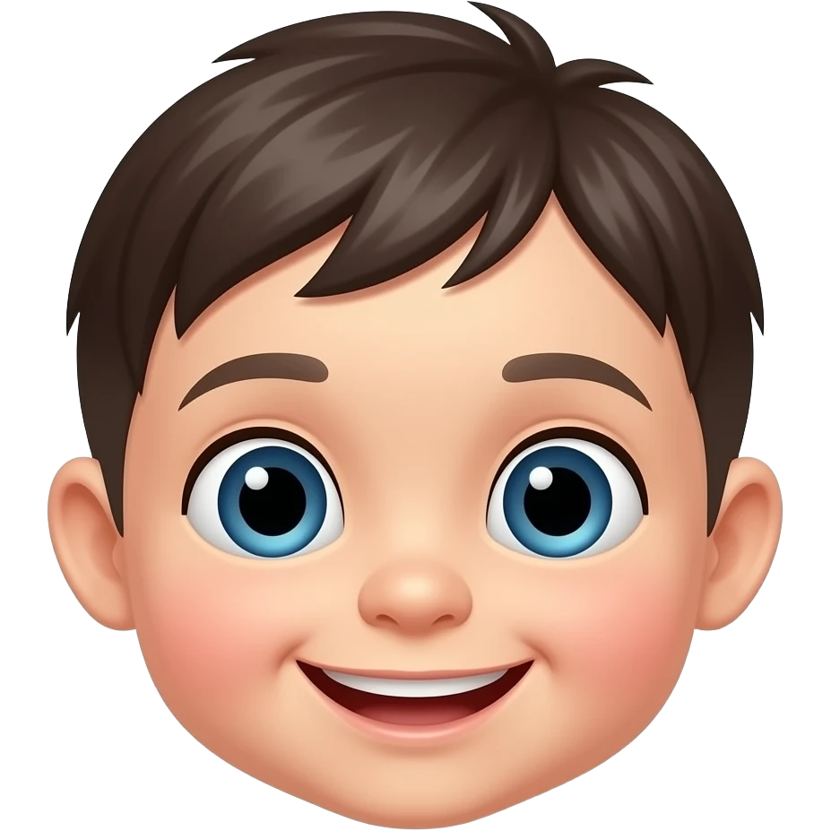 In apple emoji style, a close-up of round smiling toddler boy face only with big eyes, dark brown or black straight hair, skin tone to be light emoji