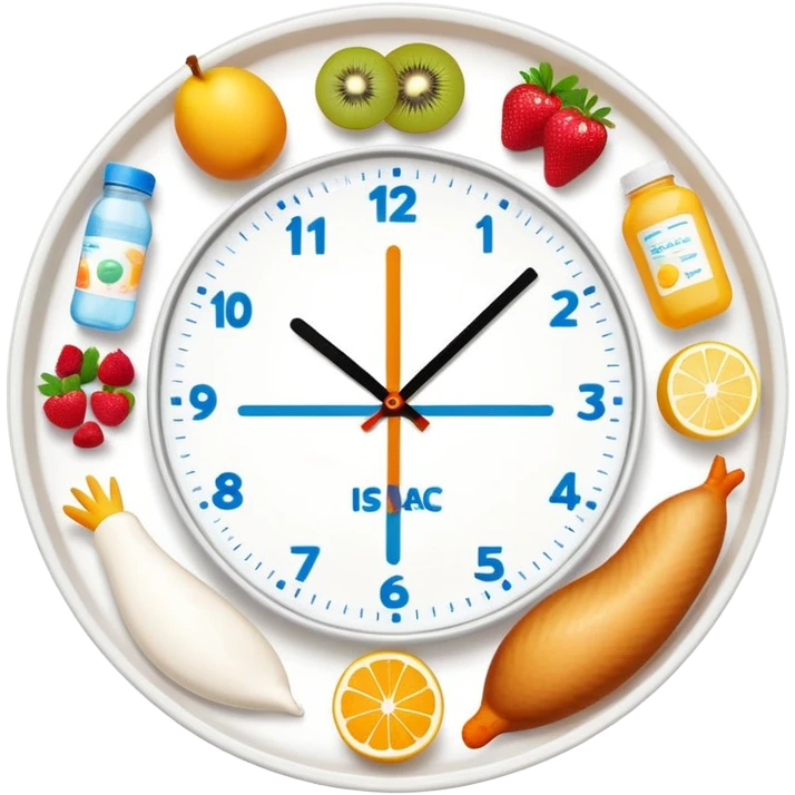 Daily fitness nutrition schedule with water bottle, sun, chicken and rice plate, gym equipment, yogurt, fruit, and sleep symbol arranged in a circle like a clock emoji
