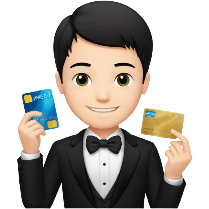 make a genmoji of a boy with a an amex card in hand and wearing a tux, black hair emoji