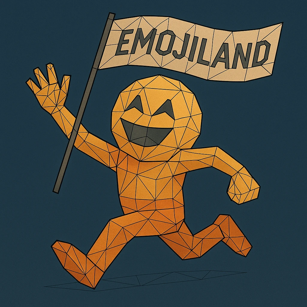 happy runner waving a flag that says 'emojiland' emoji