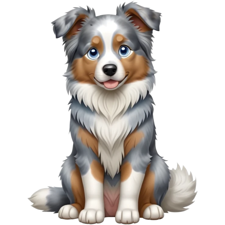cinematic-[australian shepherd dog]-realistic-full-body-sitting-emoji,-tail-resting-loosely-beside-its-paws,-head-tilted-dramatically,-scruffy-[blue merle]-fur,-simplified-yet-realistic-focused-features,-highly-detailed,-glowing-with-an-almost-sarcastic-glow blue eyed emoji
