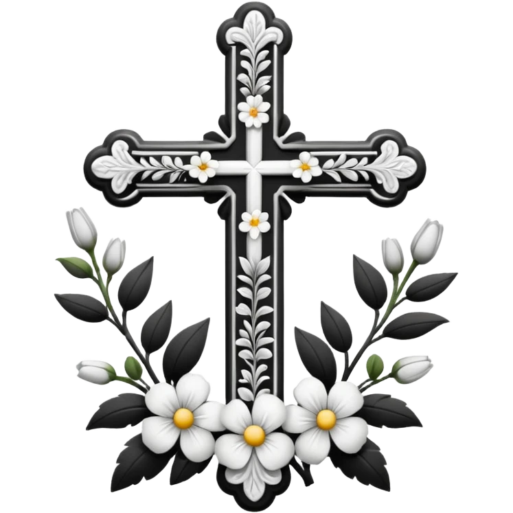 a black and white detailed cross with flowers over lapping emoji