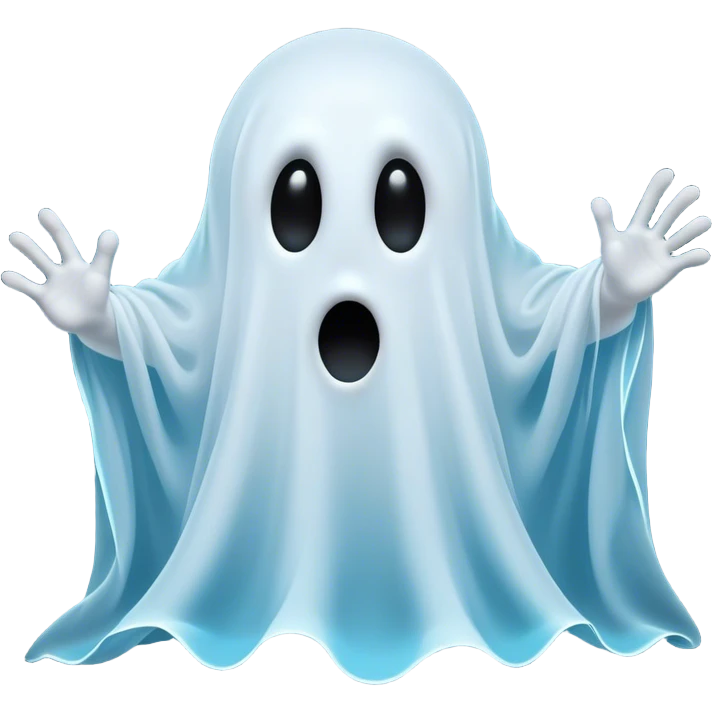 A hilariously exaggerated floating sheet ghost, its simple yet expressive form billowing with animated energy in vibrant whites and pale blues, with two wide, comically shocked eyes and a quirky, startled mouth, simplified yet overflowing with personality, highly detailed with a soft neon-like glowing outline, capturing the playful absurdity of a ghost caught off guard! emoji