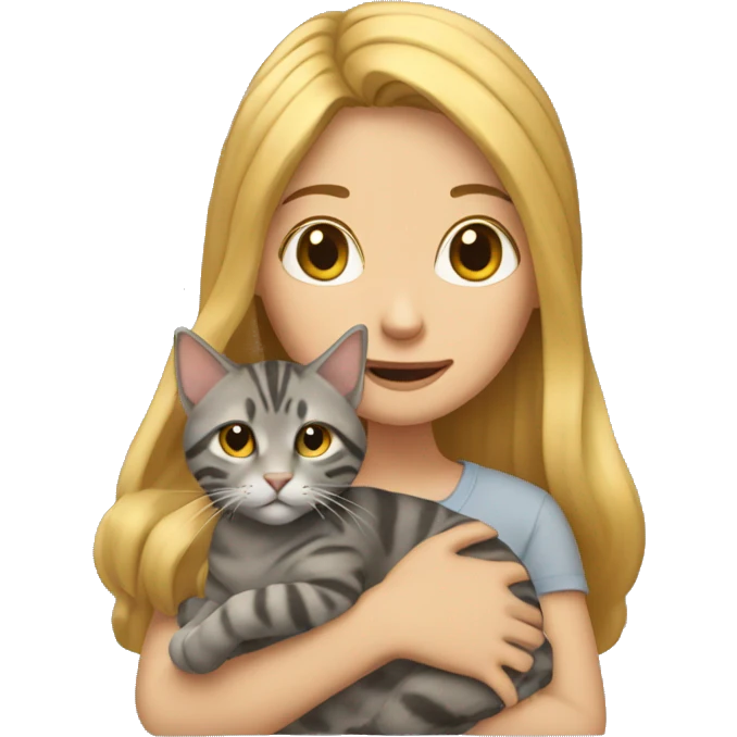 A golden hair girl holding a gray tabby cat  emoji