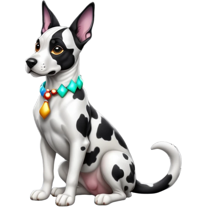 cinematic-[harlequin dane]-realistic-full-body-sitting-emoji,-tail-resting-loosely-beside-its-paws,-head-tilted-dramatically, ears drooped, -sleek-[black and white]-fur,-simplified-yet-realistic-focused-features,-highly-detailed,-glowing-with-an-almost-sarcastic-glow emoji