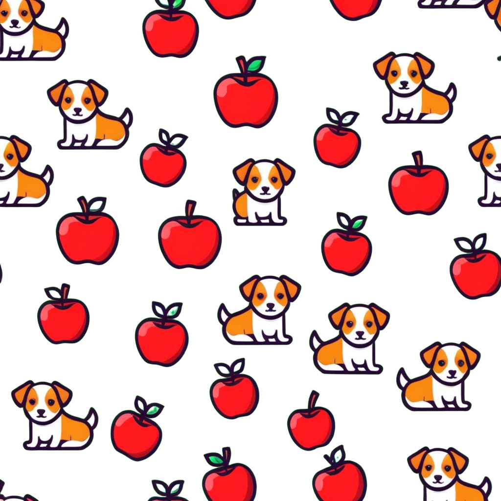 Group of cute dogs piling on a red apple emoji