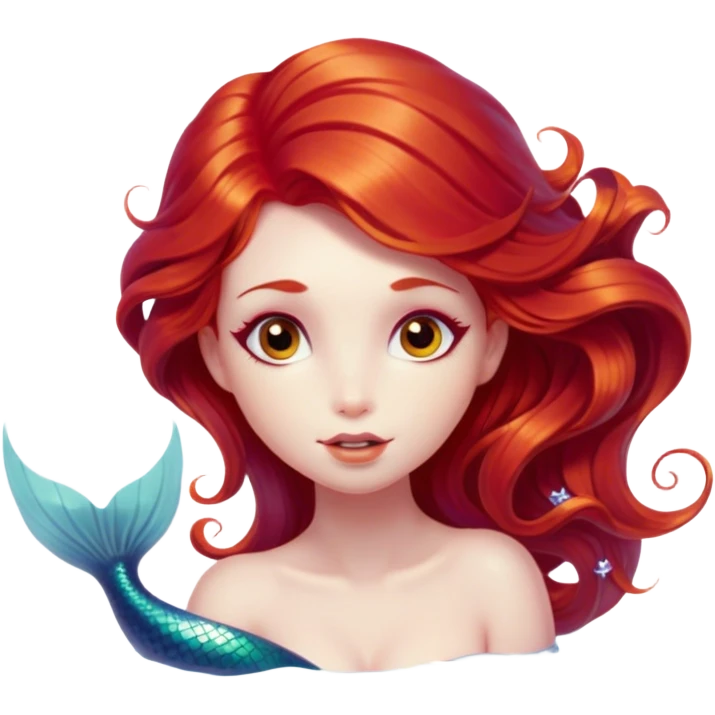 Cinematic Realistic Red Hair Mermaid Portrait, head tilted playfully and inquisitively, showcasing an ethereal form with finely detailed, flowing red hair against luminous porcelain skin. Her bright, curious eyes sparkle like hidden gems beneath the gentle caress of underwater light, rendered with lifelike clarity and warm, filtered illumination—capturing the essence of a spirited mermaid ready to splash playfully into your imagination. emoji