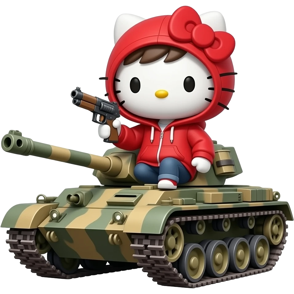 hello kitty male version with red hoodie and the hood white. holding a gun. and he sits in a war tank with the hood on his head emoji