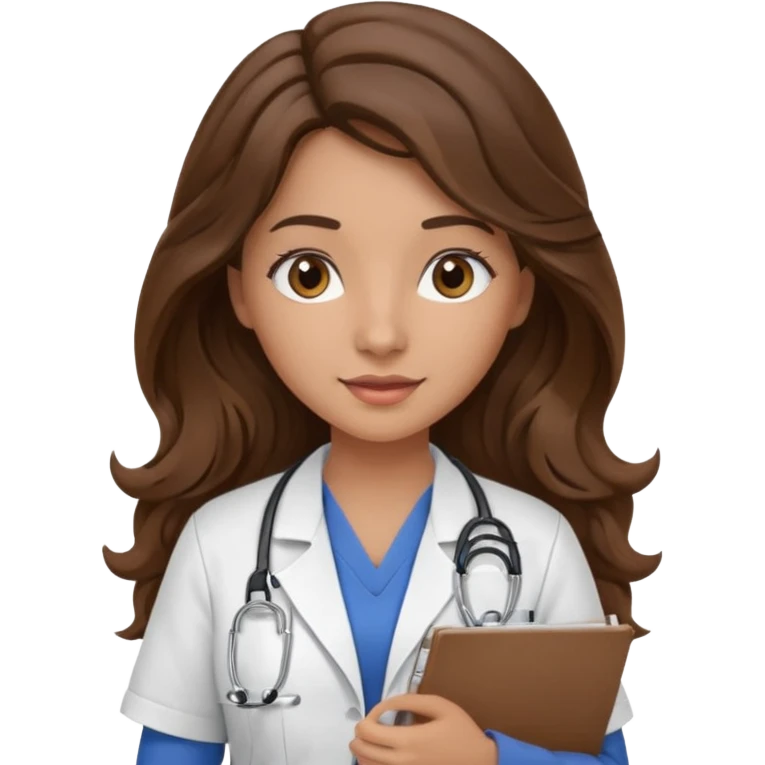 make a brunette nurse with long brown wavy hair and brown eyes holding a clipboard. she should also have a stethoscope around her neck. emoji