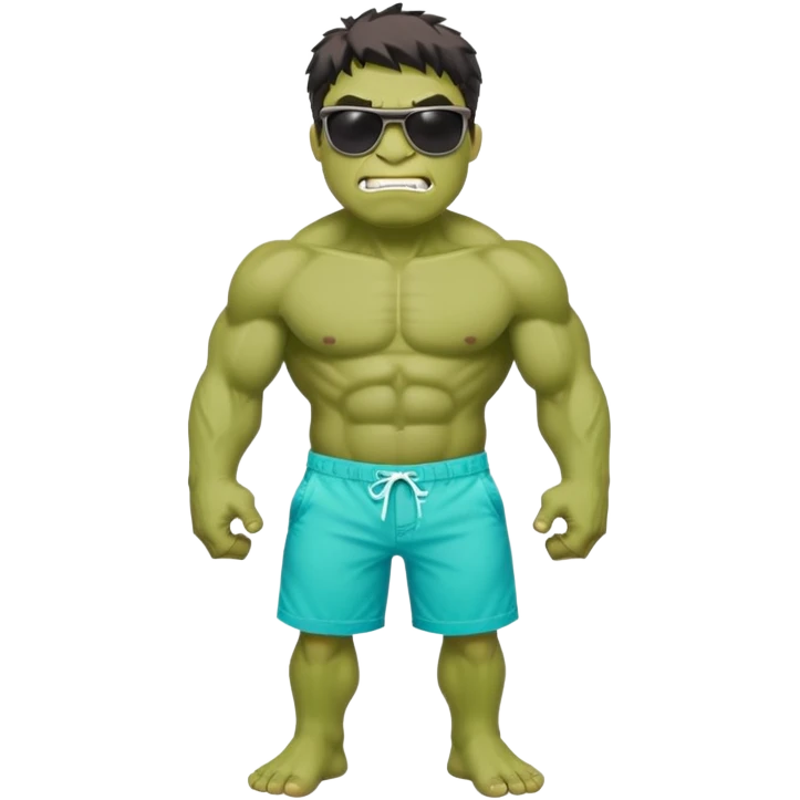 Hulk wearing beach shorts and sunglasses.  emoji