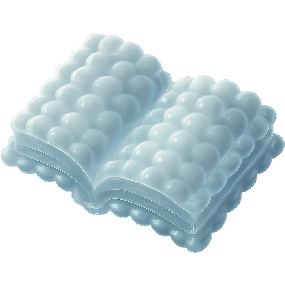 top view of a thick open book made entirely of small, very bright white fluffy convex clouds, matte glass style emoji