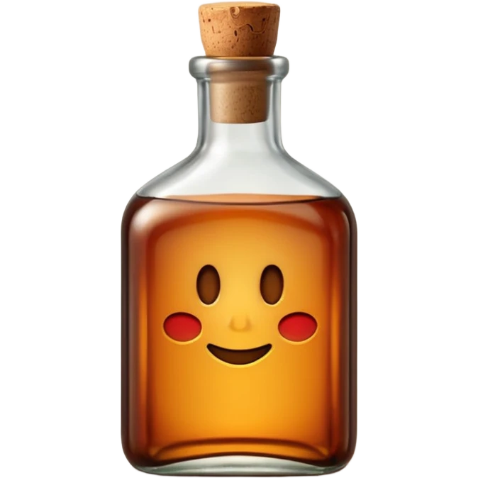 sturdy glass bottle with squared shoulders and a short neck, filled with rich amber-brown liquid, slightly tinted glass showing depth of color inside, capped with a cork or dark metal top, no label, sealed bottle, apple emoji style, soft lighting, subtle shadows, transparent background, emoji scale emoji