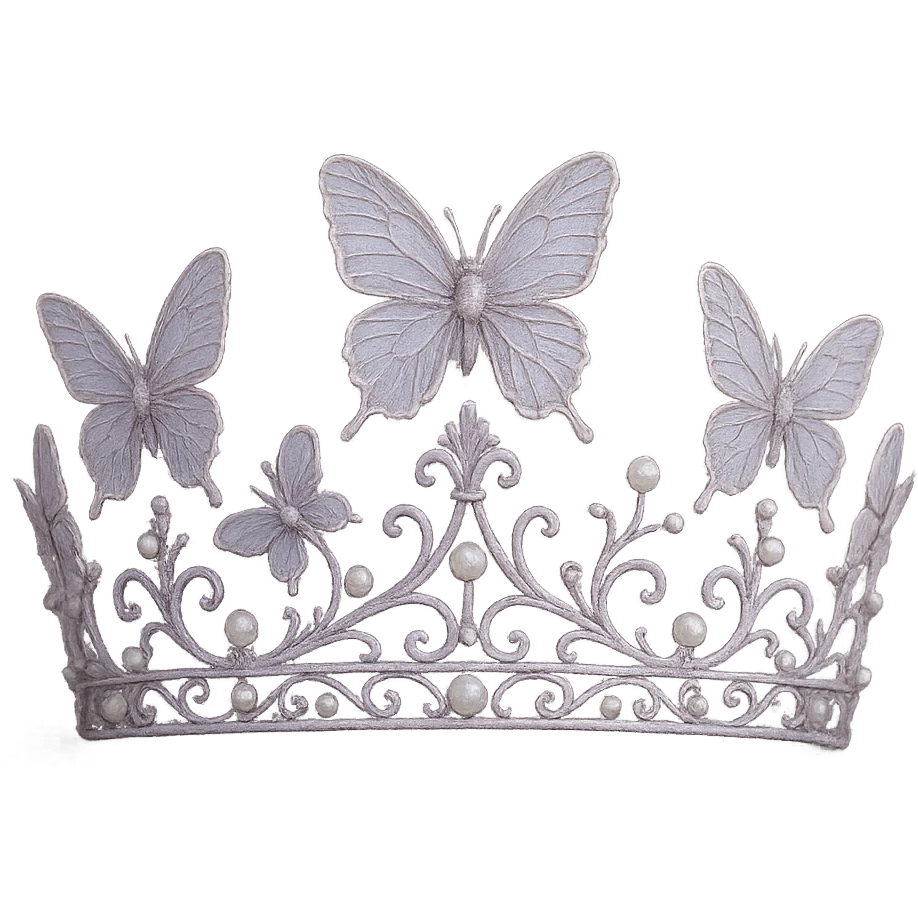 a delicate crown adorned with butterfly motifs, pale lavender with pearl accents, soft and haunting emoji