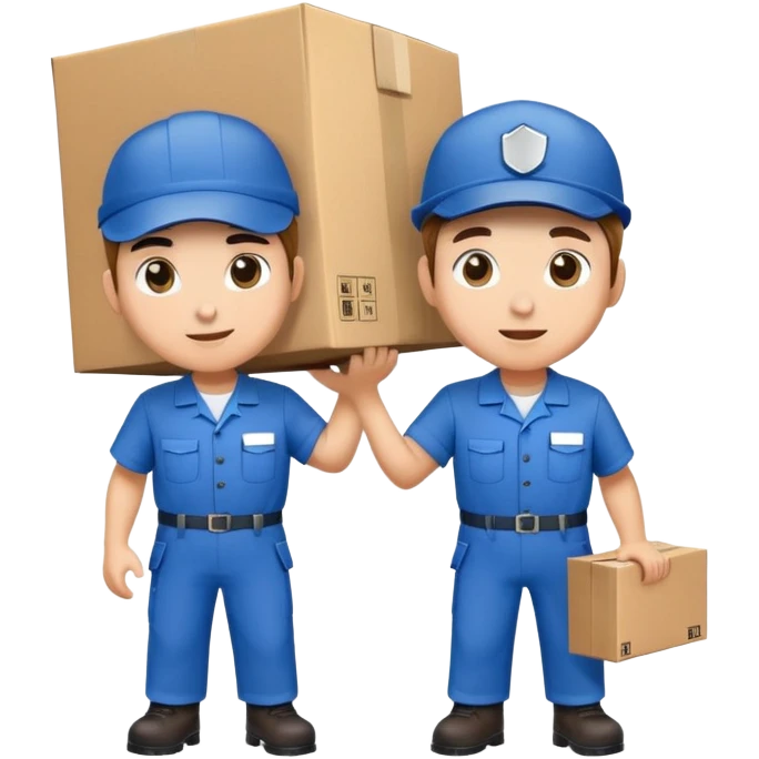 two workers in blue work uniforms and caps carrying a large box, alternate expression emoji