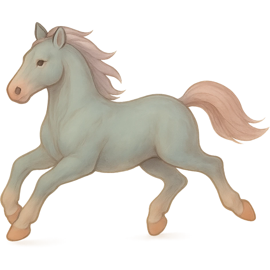 Edit the horse in Chinese eastern style with pastel palette #98B5BC, #B5B3C1, #C9A3C9, #E4C0CA, #F7DCD1, #F7C0AA. Use thin clean outlines, soft rounded shapes, detailed shadows and highlights, soft lighting, transparent background. Make it less cute and without decoration. Third frame: body position and appearance as in the original image, but legs changed to gallop phase — all legs under the body. emoji