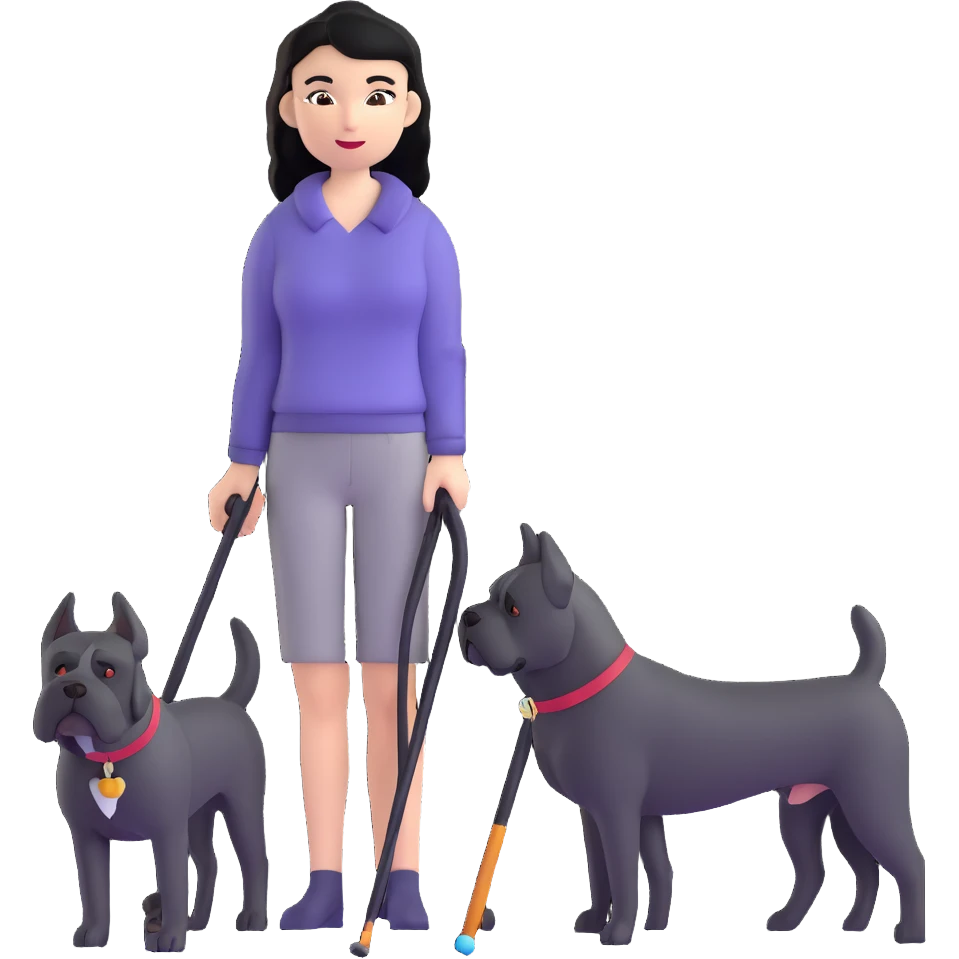 Woman with long black hair holding a black Cane Corso dog with cropped ears and short tail emoji