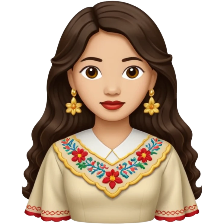 Filipino woman with long dark wavy hair parted in the middle wearing a traditional filipiniana emoji