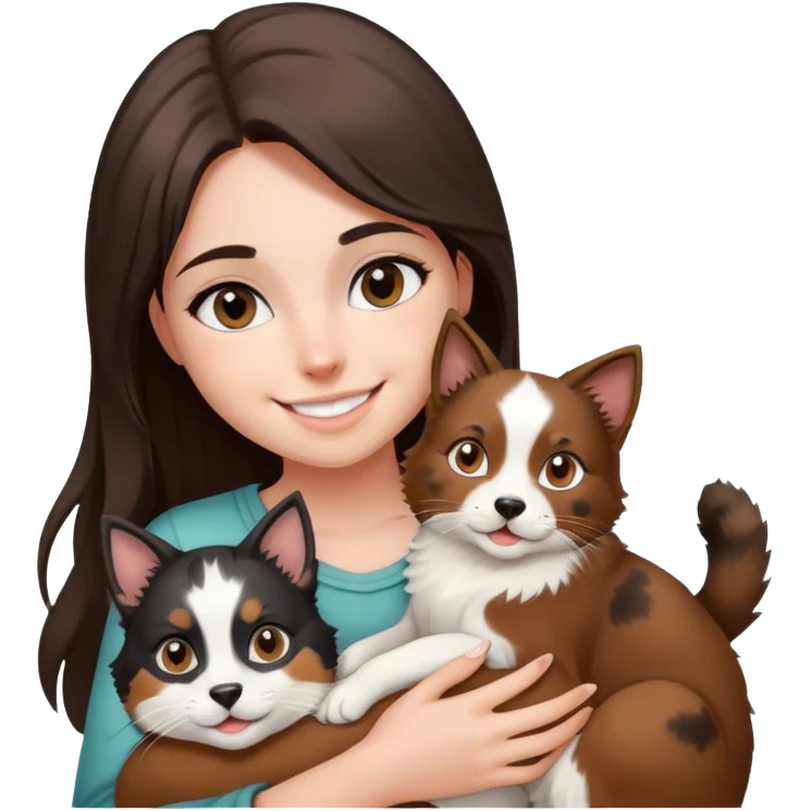 smiling girl with black and White cat and Brown and white Australian shepherd emoji