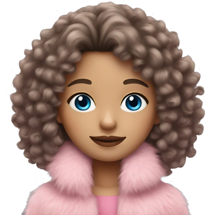 a brunette curly hair girl with blue eyes in a pink fringe fur coat emoji