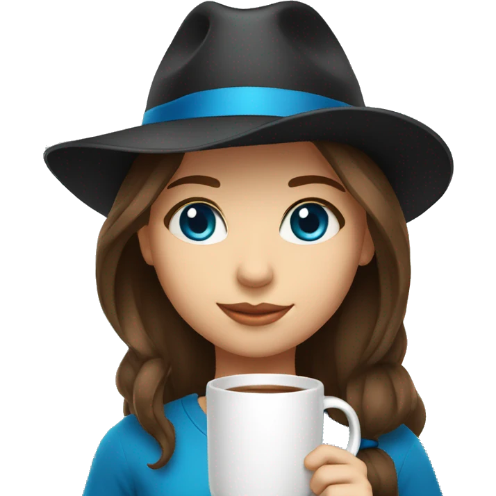 A girl with brown hair with blue eyes in a black panama hat holds a mug emoji
