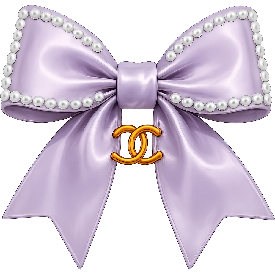 Remove the background, keep only the elegant bow with pearls and gold Chanel logo, glossy, pastel colors, realistic style, with no background. purple emoji