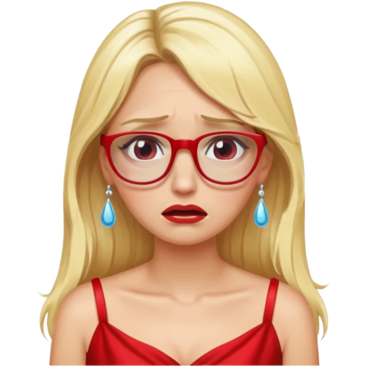 lomg blond woman  crying with glasses with red party wear dress emoji