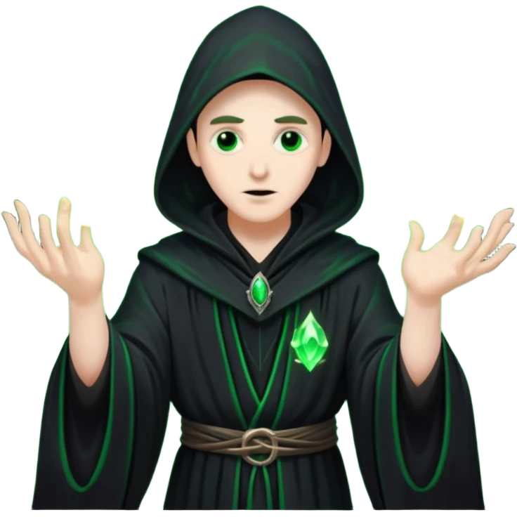 A dark sorcerer in flowing black robes, conjuring eerie green flames emoji