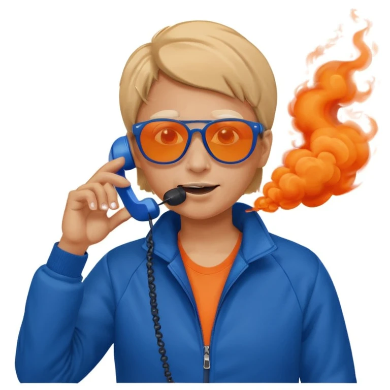 emoji-style person in sporty blue jacket and sunglasses, making phone call gesture, lively expressive character, dramatic orange smoke background emoji