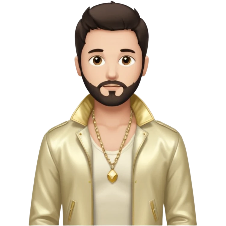 Frankie Zulferino, Pop Singer (b.1990) with dark brown hair and short beard, ivory metallic jacket, shirtless with necklace emoji