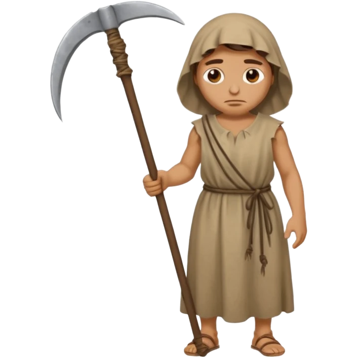 Emoji portrait of a Greek peasant. Rough chiton dress, holding a scythe, tired expression. emoji