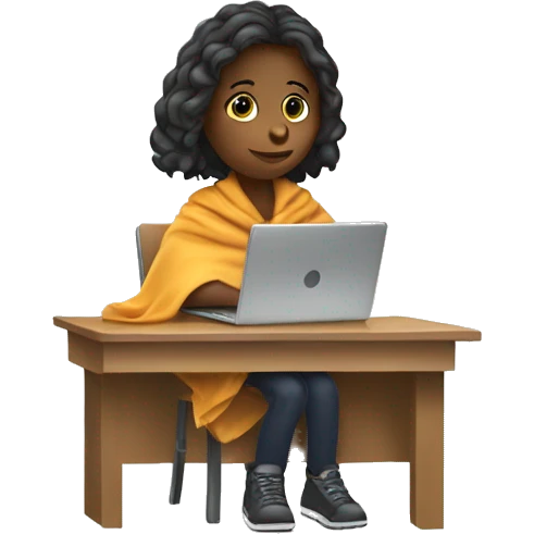 girl sitting at school desk with a Chromebook wrapped in a blanket emoji