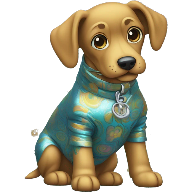 retro groovy hippie trippy floral patterns on a metallic holographic blue dog emoji