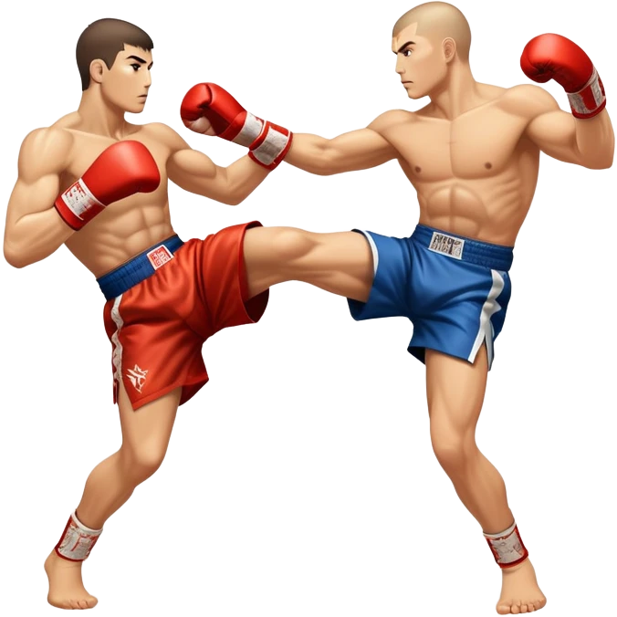 An icon showcasing a kickboxer in action, using precise techniques with both feet and elbows. One fighter delivers a powerful kick to the opponent's legs, while the other counters with an elbow strike. The background features a ring and a dynamic atmosphere. Transparent background  emoji