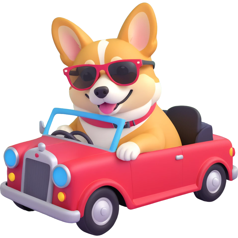 a corgi with sunglasses driving a car emoji