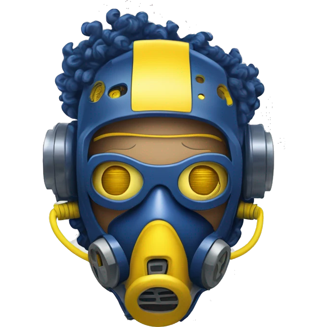 Dark Blue curly hair cyborg head with yellow respirator mask and circuitry emoji