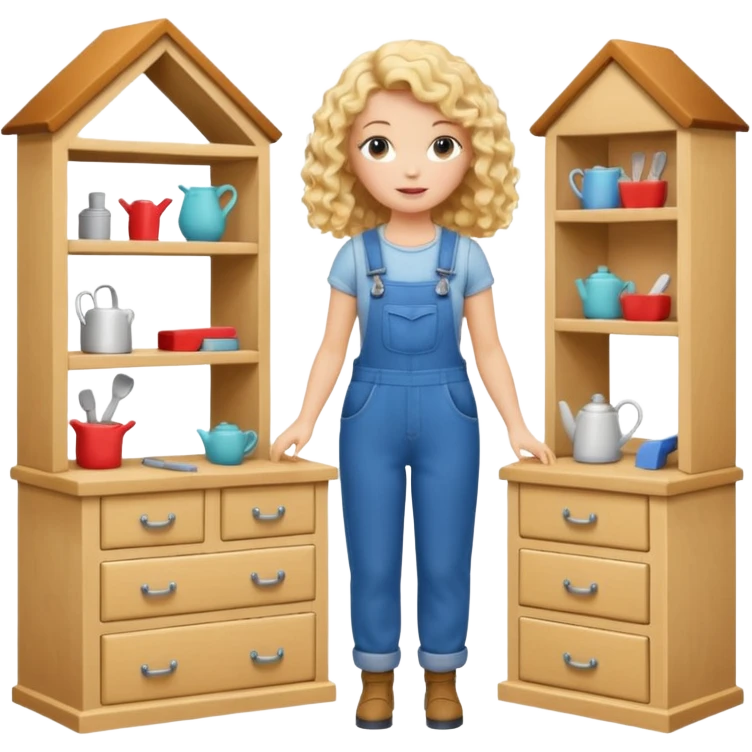 blonde curly woman arranging furniture in doll house with overalls emoji