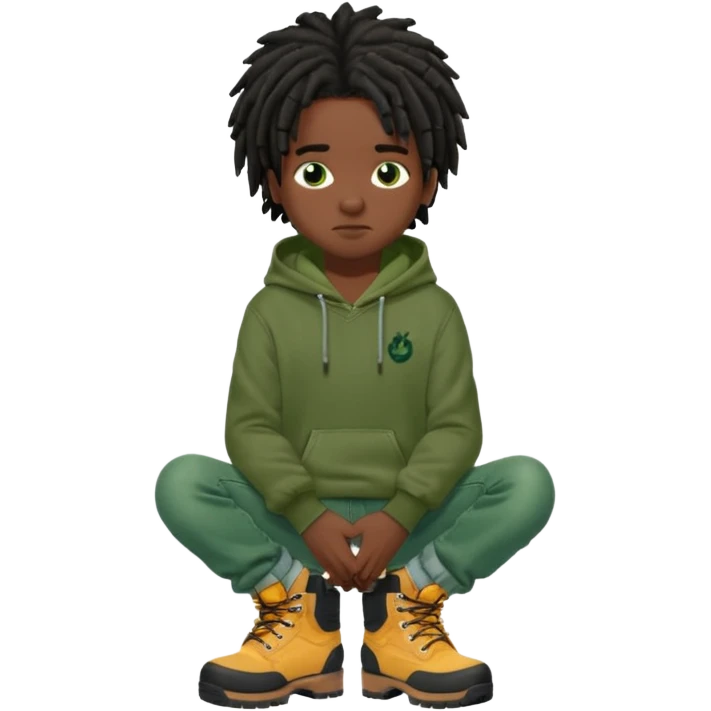 African American boy with short black dreadlocks wearing a green Nike hoodie wearing denim skinny jeans and timberland boots with his hands folded emoji