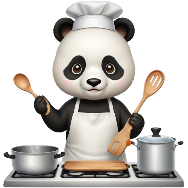 A panda in a kitchen apron cooks food in the kitchen.  emoji