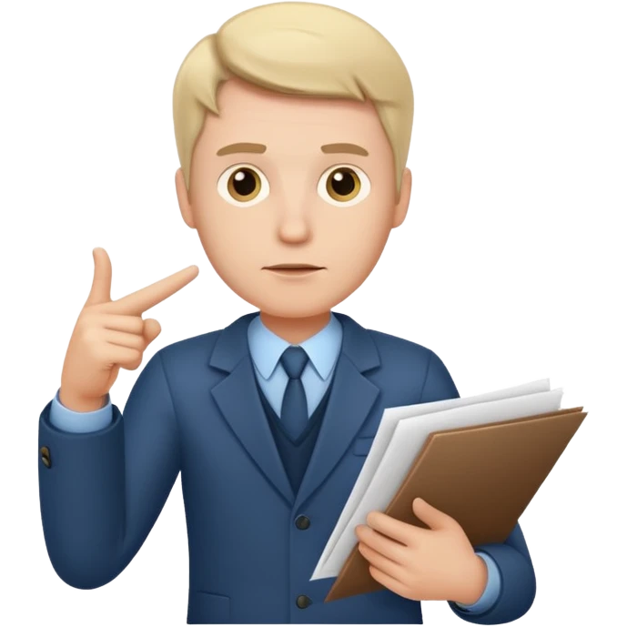 A white man stands with a serious face and points at his hand holding papers. emoji