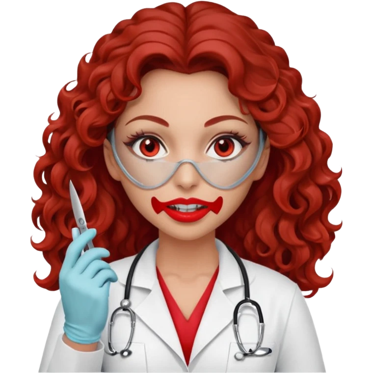 Scary woman scalpel in hand, evil surgeon sexy .  She has red eyes. Her  brown long curly hair. Wears sexy doctor outfit with red gloves. make her hair free and brown but she  wear mouth cover   to hide. Wears white surgeon jacket andpejab only hides lips and nose  eyes emoji