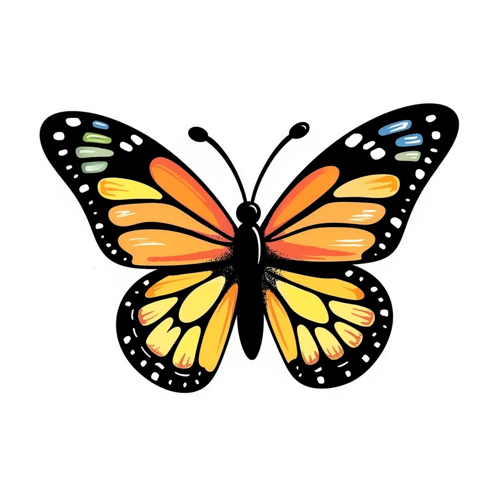 colorful butterfly drawn in childlike crayon style, centered, isolated on white background emoji