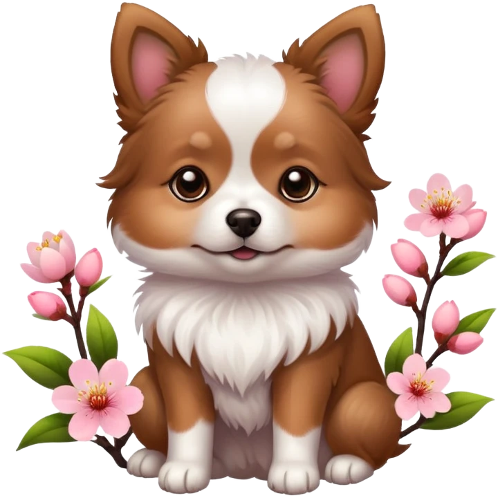 A cute little dog and a peach blossom emoji