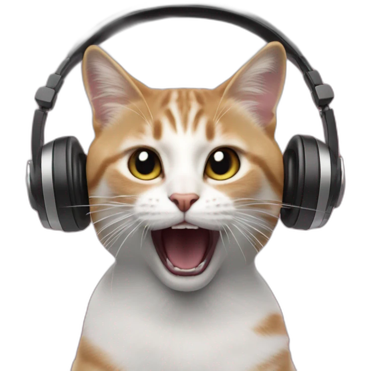 cat wearing headphones shouting and singing in front of microphones, blurred image, microphone on left emoji