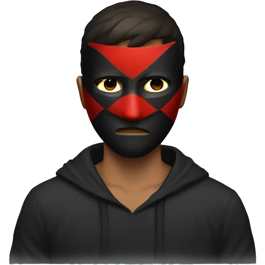  serious-looking guy wearing a red and black hacker mask, with his short hair visible above the mask. His expression is intense, and the mask adds a mysterious and intimidating vibe. emoji