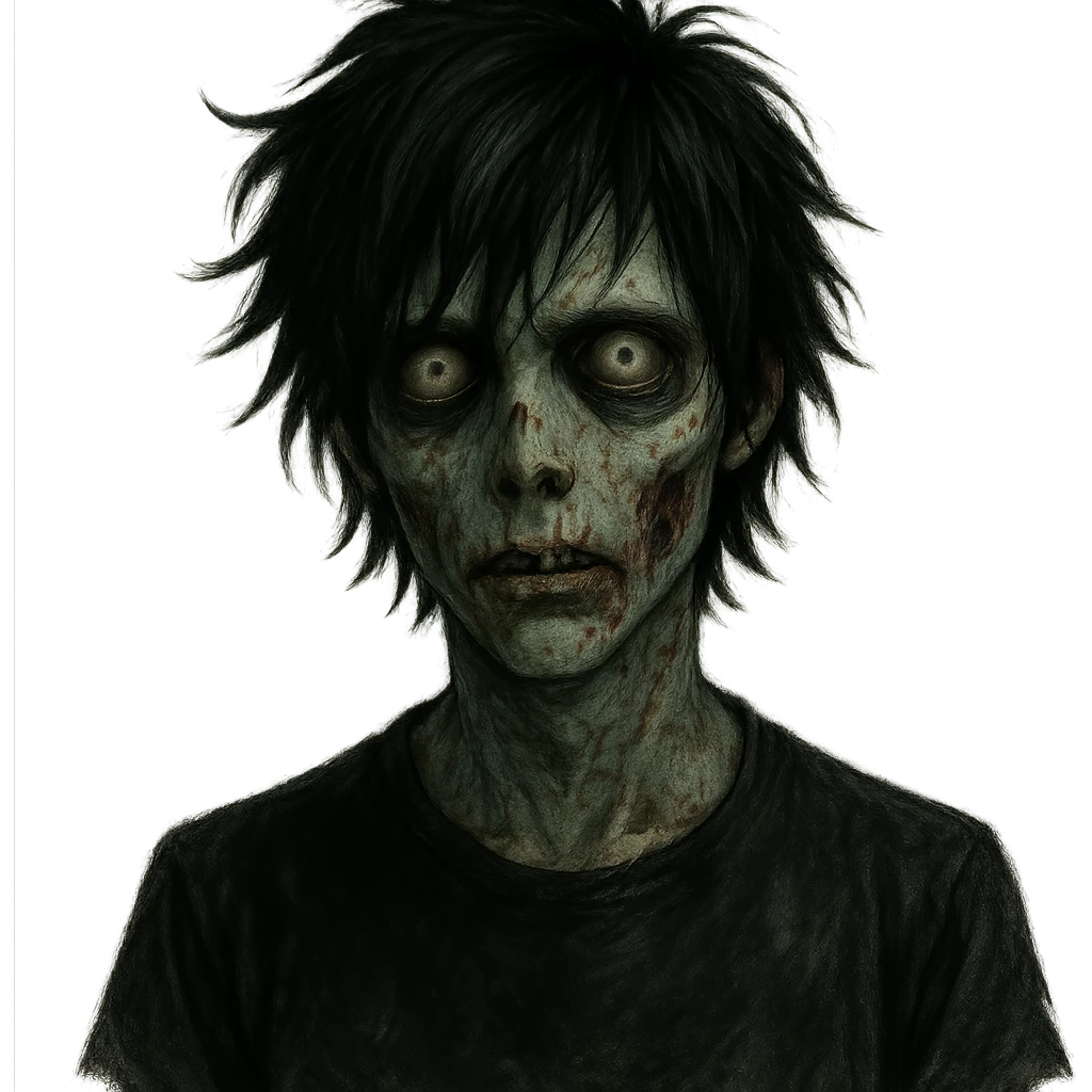 zombie boy with messy black hair, emo style, medium length, eerie and unsettling look emoji