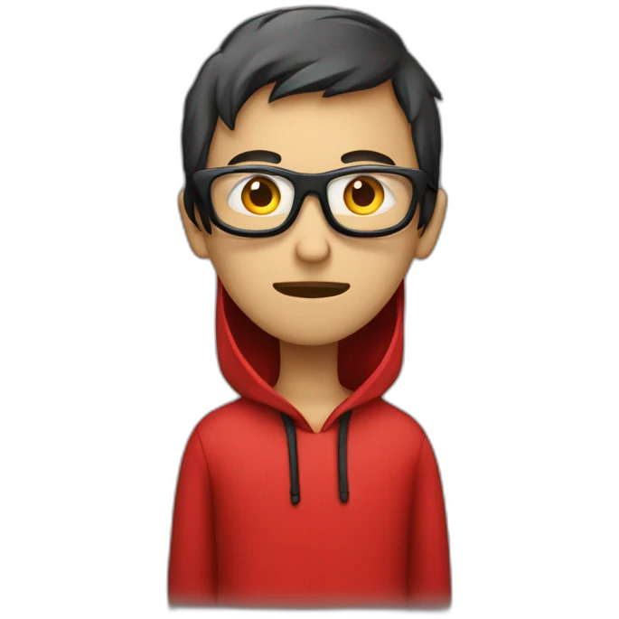coder looking hacker with red hoodie, eye glass, apple laptop in front emoji