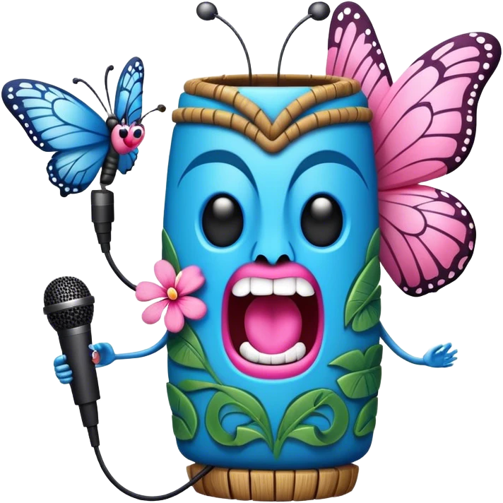 Cartoon Blue and pink tiki singing with butterfly and in the mike emoji