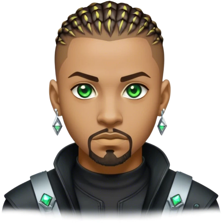 Light skinned African American male with green eyes as a cyberpunk hacker with cornrows hairstyle but short cornrows  with goatee facial hair diamond stud earrings  emoji