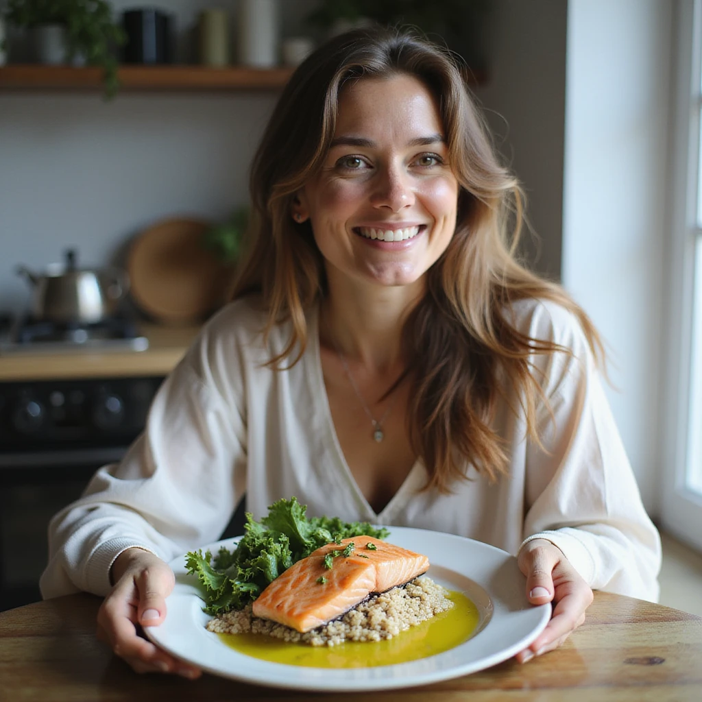Woman with healthy and happy appearance, sitting at a table with a balanced plate: salmon, quinoa, vegetables, and olive oil, bright atmosphere, hyperrealistic 4K details, home environment. Variant 6. emoji