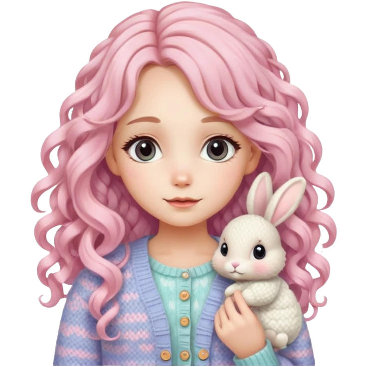  A girl with long curls, a pastel-colored hair clip, and a knitted cardigan with a bunny pattern, looking cute. emoji